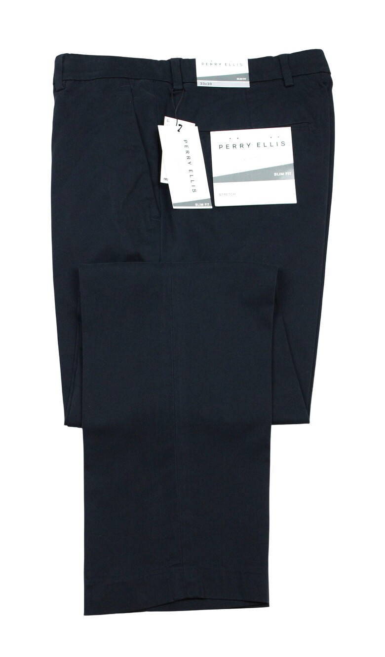 Perry Ellis Portfolio Pants Mens 33x30 fits 32 Dark Blue Slim Fit Stretch Chino